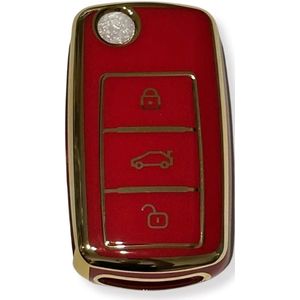 Sleutelcover voor Volkswagen, VW Sleutelhoesje, Key Case for VW, Autosleutel Hoesje Geschikt Voor Volkswagen, Volkswagen Golf, Polo, Passat, Tiguan, Caddy, EOS, Beetle, Transporter, Skoda Octavia, Seat, Rood - Goud