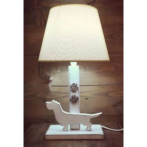 Lamp - Teckel - Tafellamp inclusief lampenkap - Hout - Wit - Ruwharige teckel - 37x10x18cm