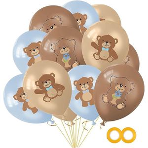 12 blauwe en bruine ballonnen met beertje - ballon - beer - geboorte - babyshower - verjaardag - kinderfeest