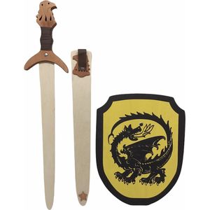 houtenzwaard met schede adelaar en ridderschild geel met zwarte Draak kinderzwaard ridderzwaard ridder schild