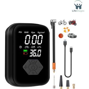 LifeStages - Autobanden Pomp - Elektrische Luchtpomp 4000 mAh - Fietspomp 150 PSI met bandenspanningsmeter - Draagbare Batterijcompressor - Mini Bandenpomp voor Auto's, Motorfietsen, Fietsen, Ballen - USB Power Bank - Multifunctioneel