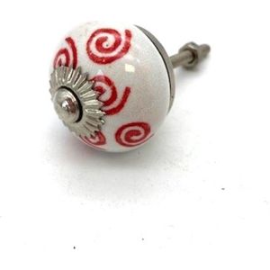 Porseleinen Knop Wit met rode spiralen 40mm handgeschilderd