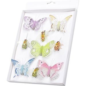 9x stuks decoratie vlinders/bijen op clip gekleurd 5 tot 8 cm - vlindertjes versiering - Kerstboomversiering