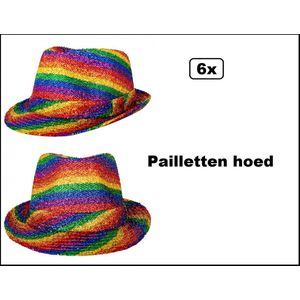 6x Paillet feesthoedje multicolor - Rainbow glitter and glamour festival thema feest fun party feesthoed