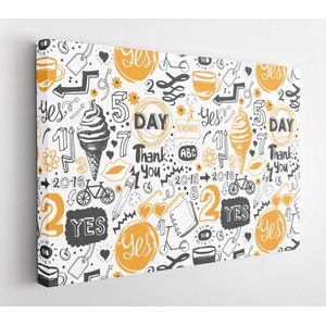 Seamless pattern with orange and black sketch symbols, lettering and labels. Vector funny Illustration on white background. Decorative elements for your packing design. - Modern Art Canvas - Horitonzal - 329005013 - 80*60 Horizontal
