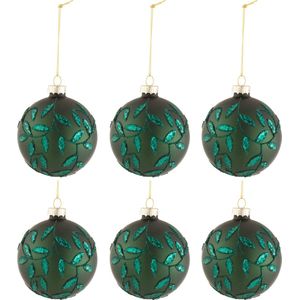 J-Line Doos Van 6 Kerstballen Blaadjes Glitter Glas Mat Groen Small