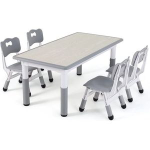 Kindertafel en 4-Stoelenset - In Hoogte Verstelbare Tafelset voor Peuters - Activiteitstafel voor Studie, Schrijven en Spelen - Lichtgrijs - 120x60cm