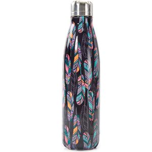 Eco Chic The Bottle - Thermosfles 500 ml - Isoleerfles - Zwart - Veer - Black Feather -