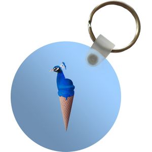 Sleutelhanger - Pauw - IJshoorntje - IJs - Blauw - Vogel - Plastic - Rond - Uitdeelcadeautjes