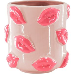 Housevitamin Pot - Planten Pot Lippen - Keramiek - 17,5x17,5x17,5cm - Licht Roze/ Fluor Roze