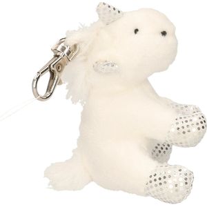 Sleutelhanger pluche eenhoorn wit met zilver 7 cm - Dieren knuffel cadeaus artikelen voor kinderen