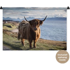 Wandkleed Schotse Hooglanders  - Schotse hooglander aan de kustlijn Wandkleed katoen 90x60 cm - Wandtapijt met foto