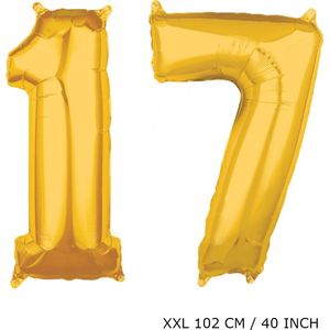 Mega grote XXL gouden folie ballon cijfer 17 jaar.  leeftijd verjaardag 17 jaar. 102 cm 40 inch. Met rietje om ballonnen mee op te blazen.