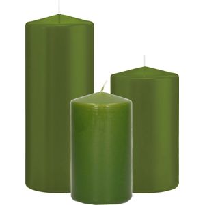 Trend Candles - Stompkaarsen set 3x stuks olijfgroen 12-15-20 cm