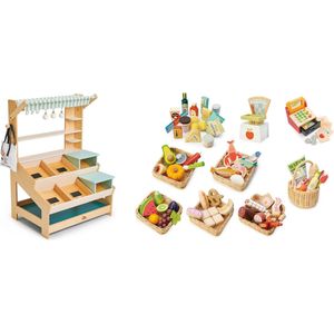 Tender Leaf houten marktkraam inclusief groente, fruit, vlees en vis producten, weegschaal, kassa en winkelmandje - zeer complete speelset XXL - 57 x 83 cm