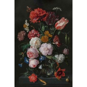 Stilleven met Bloemen in een glazen vaas op Textiel in zwart Frame - WallCatcher | 180 x 120 cm | Jan Davidsz. de Heem | Ware Meester aan de muur!