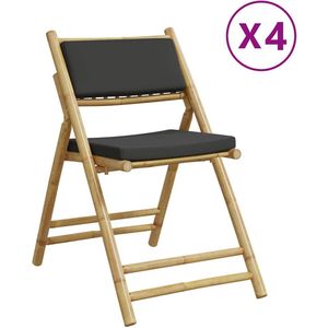 vidaXL Bistroset 4 st inklapbaar met kussens bamboe donkergrijs - Bistrostoel - Bistrostoelen - Tuinstoel - Tuin Stoel