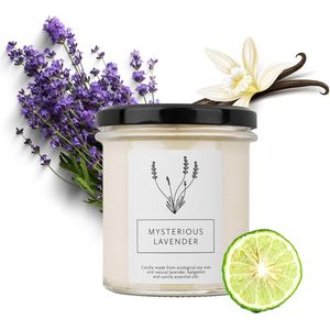 Mysterious Lavender Sojakaars, Geurkaarsen in een Glas, Geurkaars, Bloemengeur, Lavendelolie, Bergamotolie, Vegan, Ecologische Sojawas, 230 g, Brandduur ca. 75 h [Energieklasse A+]