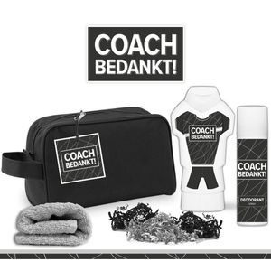 Geschenkset ""Coach bedankt!"" - 4 producten - 500 gram | Toilettas - Cadeau - Man - Toernooi - Voetbal - Volleybal - Hockey - Handbal - Basketbal - Korfbal - Trefbal - Waterpolo - Rugby - Sport - Wedstrijd - Showergel - Giftset - Trainer - Zwart