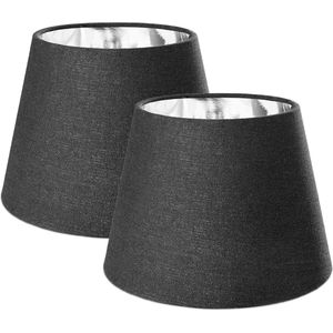 2x lampenkap voor tafellamp - E14 fitting - 16,2 cm hoog - Set van 2 ronde lampenkappen - Zwart/zilverkleurig
