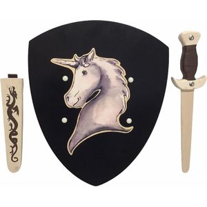 houtendolk met schede en ridderschild eenhoorn unicorn kinderzwaard ridderzwaard schild ridder zwaard dolk