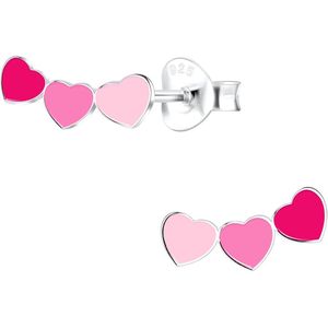 Joy|S - Zilveren hartje oorbellen - 3 rode en roze hartjes - 10 x 5 mm