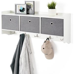 Kapstok plank opbergeenheid wandmontage manden haken houten moderne stijl hal woonkamer b98 x h40 x d22 cm wit Kapstok