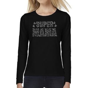 Glitter Super Mama longsleeve shirt zwart met steentjes/ rhinestones voor dames - Moederdag cadeaus - Glitter kleding/ foute party outfit L