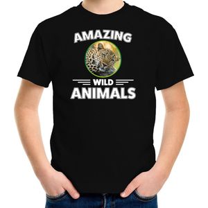 T-shirt jaguar - zwart - kinderen - amazing wild animals - cadeau shirt jaguar / jachtluipaarden liefhebber 110/116