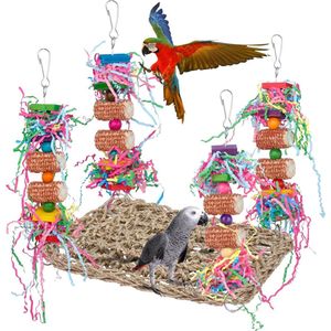 Parkietenspeelgoed, vogelspeelgoed voor vogels, natuurlijke maïskolf, papegaai, kauwspeelgoed, kleurrijk, veilig houten blok, schommel om op te kauwen, voor alle papegaaien en vogels (rood)