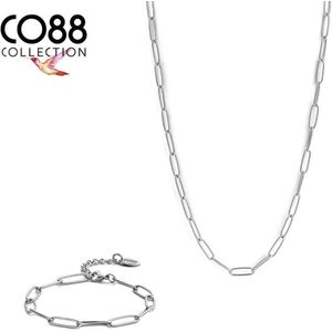 CO88 Collection 8CO-SET083 Stalen Sieradenset - Ketting met Armband - Ovale Schakels - 38 + 5 cm - 16,5 + 3 cm - Zilverkleurig
