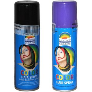 Set van 2x kleuren haarverf/haarspray van 111 ml - Zwart en Paars - Carnaval verkleed spullen