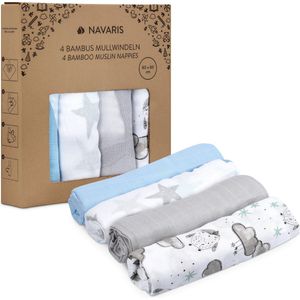 Navaris mousseline doeken voor baby - 4 stuks 80 x 80 cm voor boertjes of als deken - Superzacht viscose en katoen - Grijs/wit/blauw ontwerp
