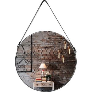 REA Wandspiegel met Leren Band - Rond - Ø60 cm - Zwart