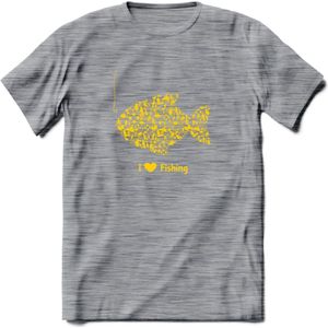 I Love Fishing - Vissen T-Shirt | Geel | Grappig Verjaardag Vis Hobby Cadeau Shirt | Dames - Heren - Unisex | Tshirt Hengelsport Kleding Kado - Donker Grijs - Gemaleerd - M