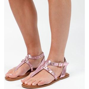 Manfield - Dames - Roze metallic leren sandalen - Maat 38