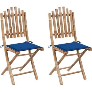 The Living Store buitenstoelen set - bamboe - 50x42x92 cm - inklapbaar - blauw kussen (2 stuks)