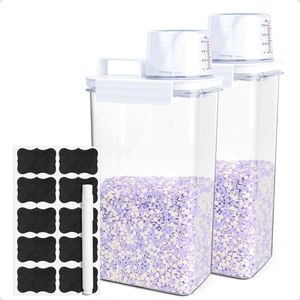 Luchtdichte wasmiddeldispenser 2300 ml - Maatbeker - Set van 2 - Opbergdoos voor wasmiddel en wasparfum - Multifunctionele houder - Granen en rijst