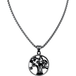 60cm x 3mm Jasseron ketting + Levensboom Hanger Dames - Zilverkleurig RVS - Ketting met Levensboomhanger - Tree of Life Ketting