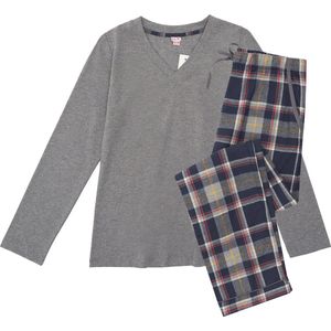La-V pyjama set voor meisjes met geruite flanel broek - Grijs/ Donkerblauw 164-170