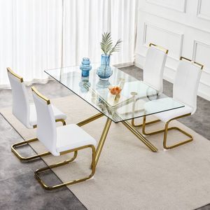 Sweiko 4-sets Moderne Eetkamerstoelen, Verguld verchroomd metalen frame, eenvoudige en elegante stoelen, waterdichte stoelen, PU kunstlederen rugleuning, hoge rugleuning zachte kussen zijstoelen, Wit