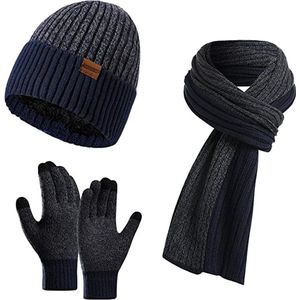 Winter Set voor Mannen - Inclusief Muts, Sjaal & Handschoenen met Touchscreen - Navy + Grijs