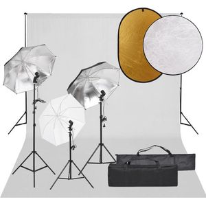 vidaXL Fotostudioset - Verlichtingsset 3x statief 3x paraplu 3x daglichtlamp - Achtergrondset 2x standaard 1x middenstang - Praktische reflectorset 5-in-1 110 cm - Draagtas - Fotostudio Set