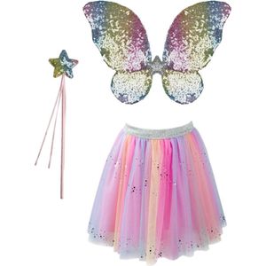 Great Pretenders Verkleedkledij Regenboog sequins rok met vleugels en toverstok - Multi - Maat 4-6 jaar