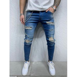 Mannen Stretchy Ripped Skinny Biker Borduurwerk Cartoon Print Jeans Vernietigd Hole Slim Fit Denim Hoge Kwaliteit Hip Hop Zwarte Jeans - W31