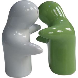 peper en zoutstel - omhelzing - groen / wit - 8 cm - fairtrade