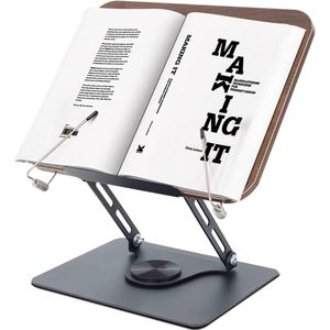 360° Rotating Base Adjustable Book Stand with Elastic Side Clips - Folding Reading Stand for Cookbooks Recipes Nuts