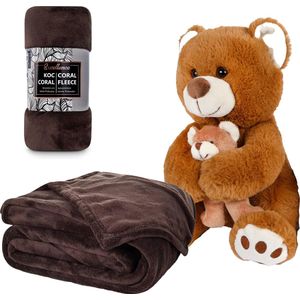 Fleece-deken- 150x200 cm - bruin - 100% polyester - inclusief knuffel - moederbeer met welp - bruin