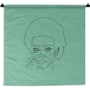 Wandkleed Line-art Vrouwengezicht - 24 - Illustratie vrouw met afro op een groene achtergrond Wandkleed katoen 90x90 cm - Wandtapijt met foto