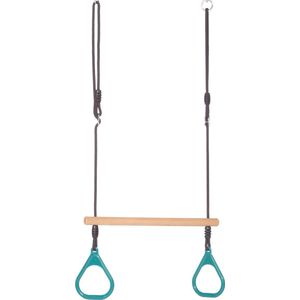 Houten Ringtrapeze met Kunststof Ringen Turquoise - Zwart Gevlochten Touw